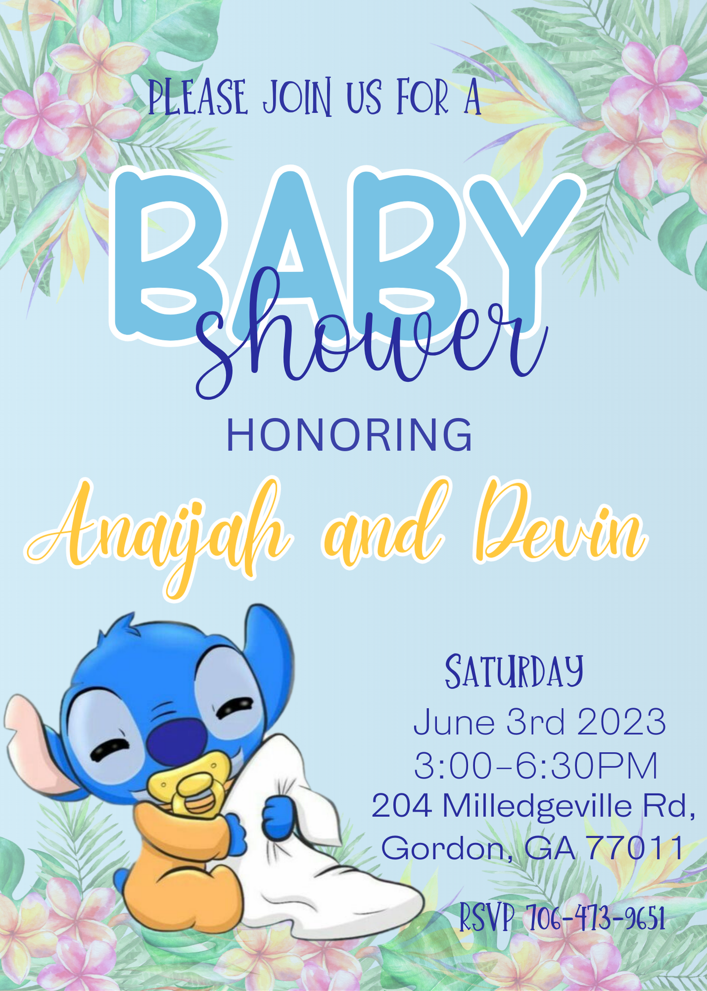 Stitch Blue With Flowers Baby Shower Invitation | Boy Baby Shower | Editable Canva Template