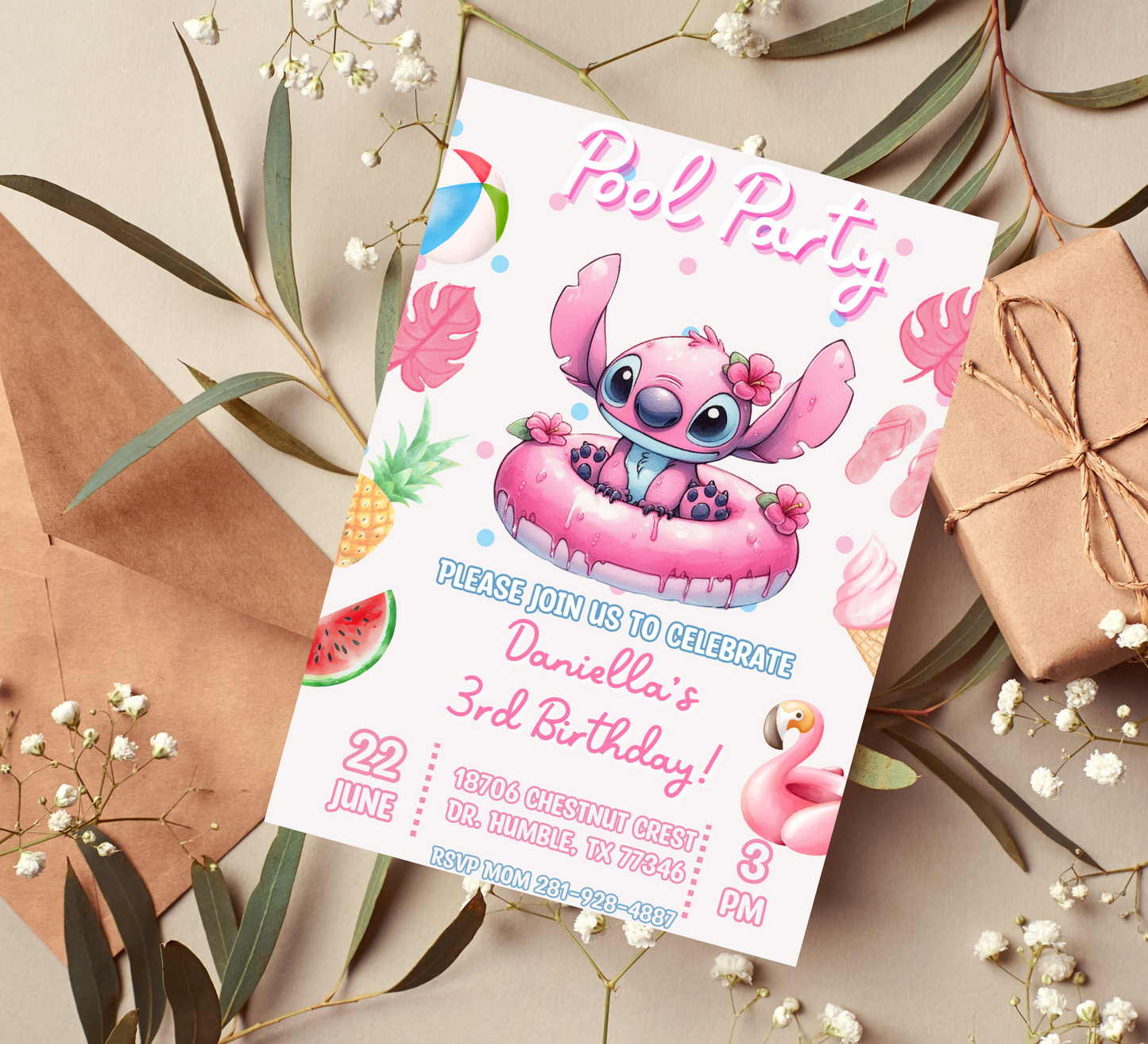 Stitch & Angel Pink Watercolor Pool Birthday Invitation | Cute Summer Swim Party Invite | Editable Canva Template | Pastel Printable