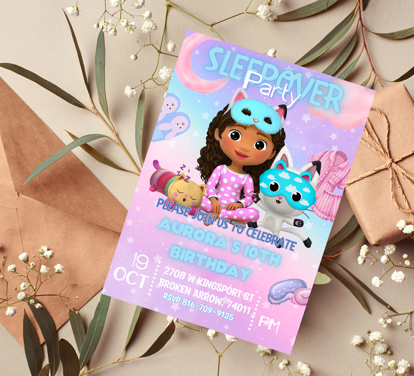 Gabby’s Dollhouse Sleepover Birthday Invitation | Slumber Party Invite | Editable Canva Template | Kawaii Pajama Party Printable