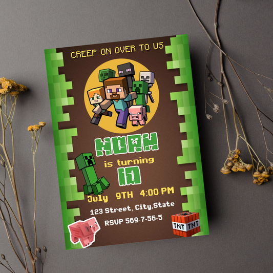 Minecraft Game Birthday Invitation ⛏️🎮 | Pixel Kids Party Invite | Editable Digital Template
