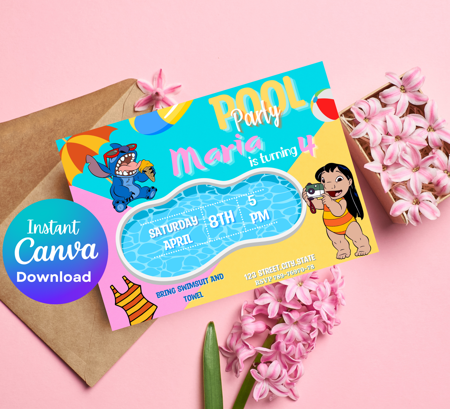 Stitch & Lilo Pool Birthday Invitation | Tropical Summer Party | Editable Digital Invite