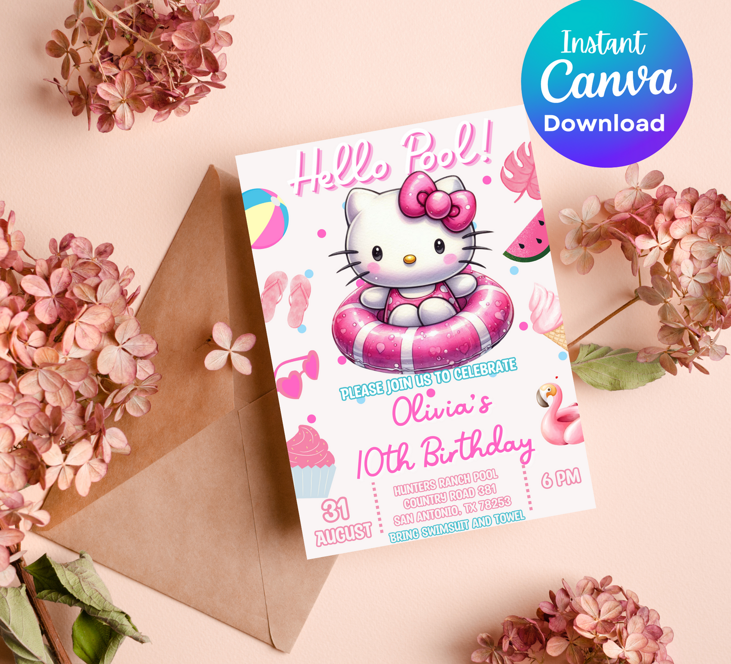 Hello Kitty Watercolor Pool Birthday Invitation | Editable Canva Template | Kawaii Summer Swim Party Invite | Printable Girls Birthday Invitation