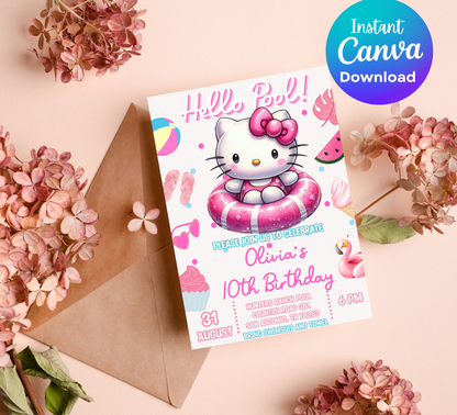 Hello Kitty Watercolor Pool Birthday Invitation | Editable Canva Template | Kawaii Summer Swim Party Invite | Printable Girls Birthday Invitation