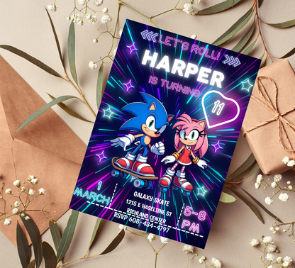 Sonic Shadow Amy Roller Skating Invite | Cute Neon Glow Rink Birthday Canva Template