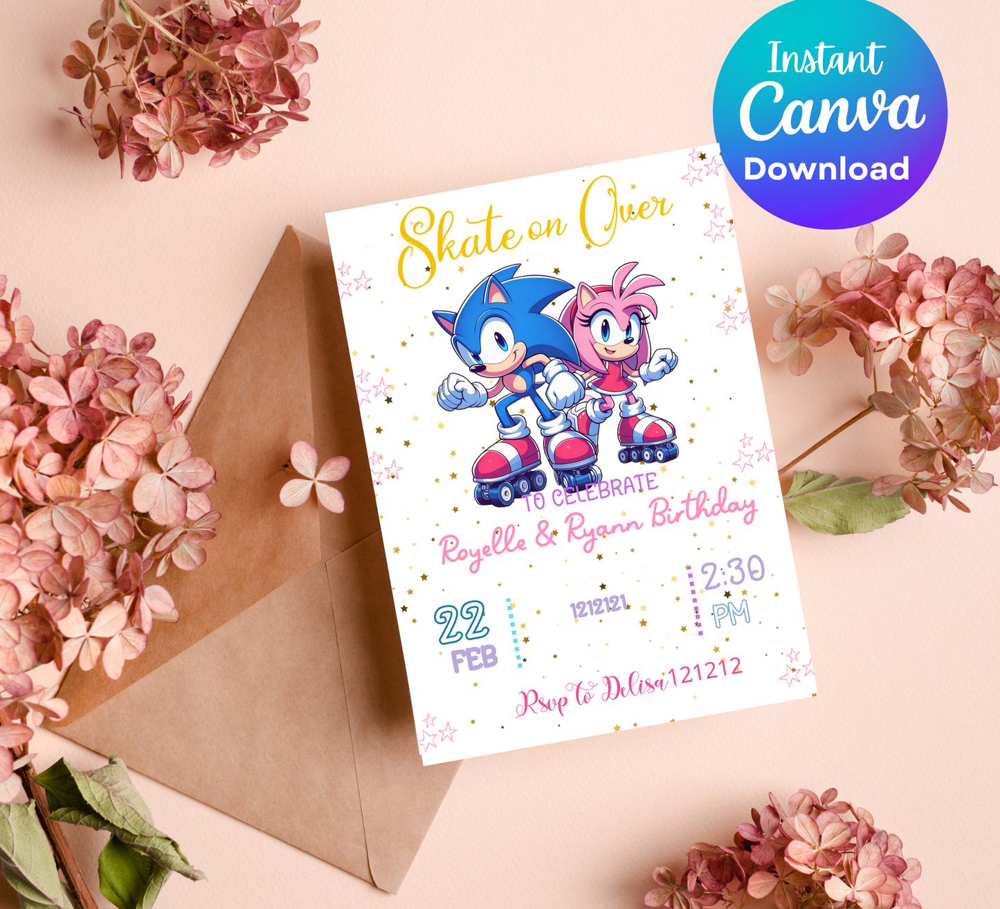 Sonic & Amy Rose Roller Skating Birthday Invitation 🛼💨 | Editable Canva Template | Sonic the Hedgehog Skating Party | Pink & Blue Speed Invite | Printable Kids Skating Rink Birthday