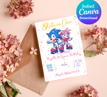 Sonic & Amy Rose Roller Skating Birthday Invitation 🛼💨 | Editable Canva Template | Sonic the Hedgehog Skating Party | Pink & Blue Speed Invite | Printable Kids Skating Rink Birthday
