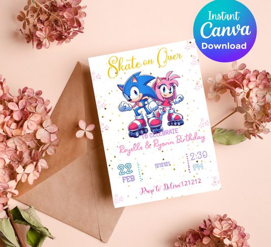 Sonic & Amy Rose Roller Skating Birthday Invitation 🛼💨 | Editable Canva Template | Sonic the Hedgehog Skating Party | Pink & Blue Speed Invite | Printable Kids Skating Rink Birthday