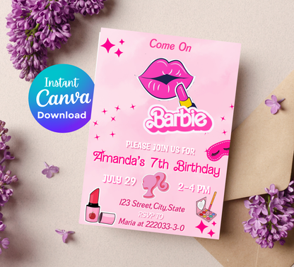 Barbie Spa Pink Birthday Invitation | Glam Makeover Party Invite | Editable Template