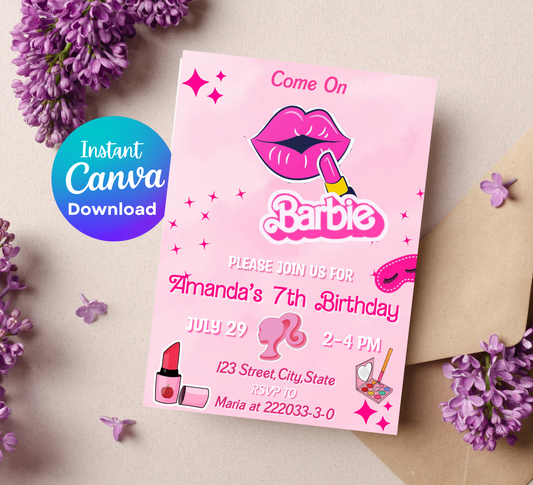 Barbie Spa Pink Birthday Invitation | Glam Makeover Party Invite | Editable Template