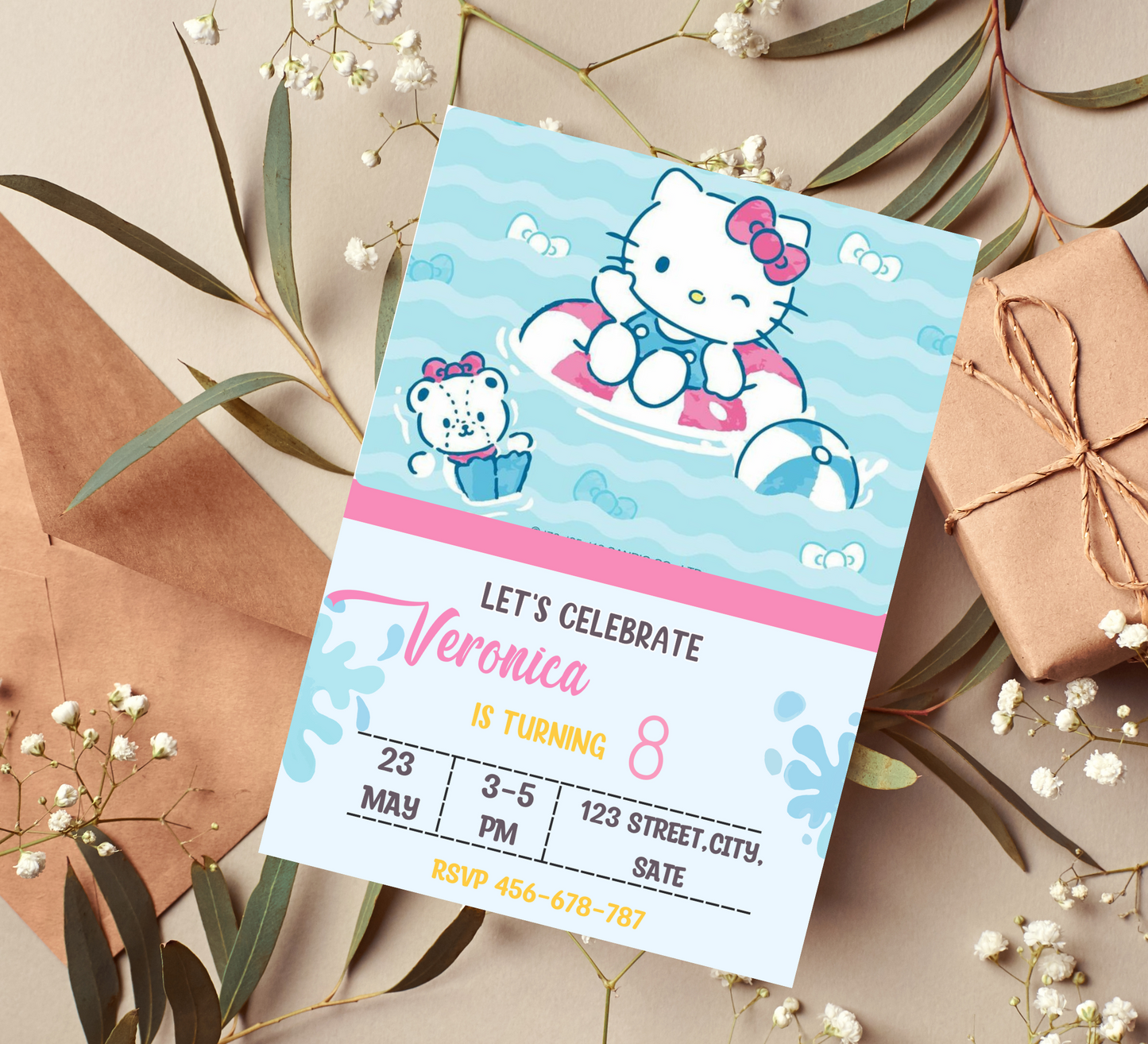 Hello Kitty Blue Pool Birthday Invitation | Kawaii Swim Party Invite | Editable Canva Template | Printable Summer Birthday Invitation