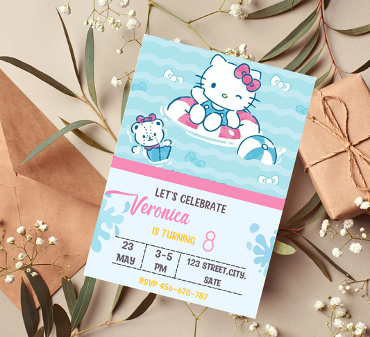 Hello Kitty Blue Pool Birthday Invitation | Kawaii Swim Party Invite | Editable Canva Template | Printable Summer Birthday Invitation