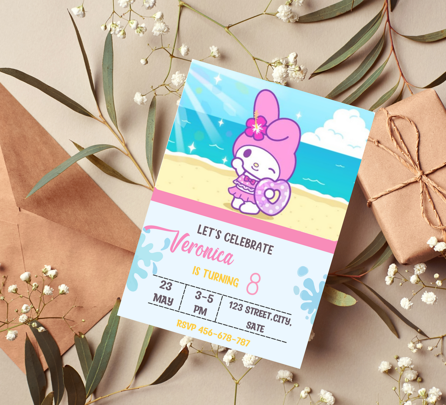 My Melody Kawaii Pool Birthday Invitation | Cute Pink Swim Party Invite | Editable Canva Template | Sanrio Summer Birthday Invitation