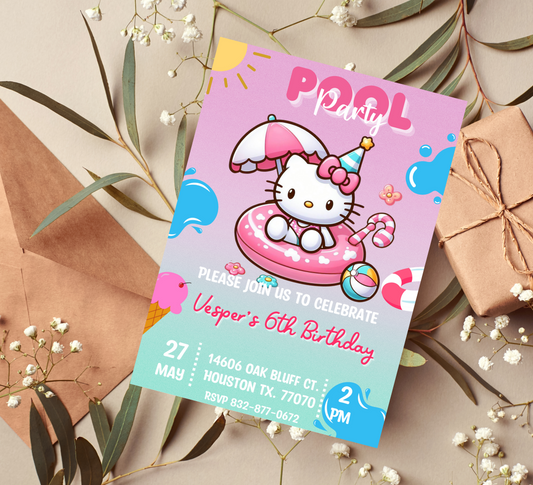 Hello Kitty Pool Gradient Birthday Invitation | Kawaii Summer Swim Party Invite | Editable Canva Template | Printable Girls Birthday Invitation