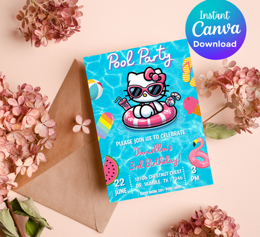 Hello Kitty Pool Blue Birthday Invitation | Editable Canva Template | Kawaii Summer Swim Party Invite | Printable Girls Birthday Invitation