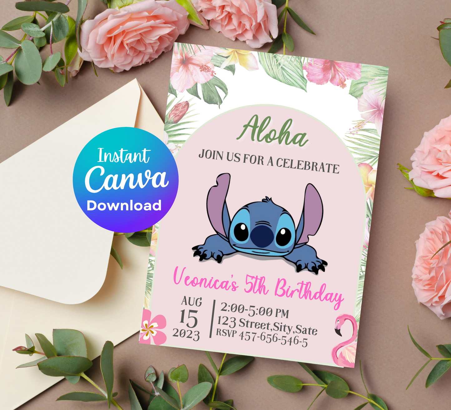 Stitch Aloha Tropical Hawaii Birthday Invitation 🌺🌴 | Luau Party Invite | Editable Digital Template