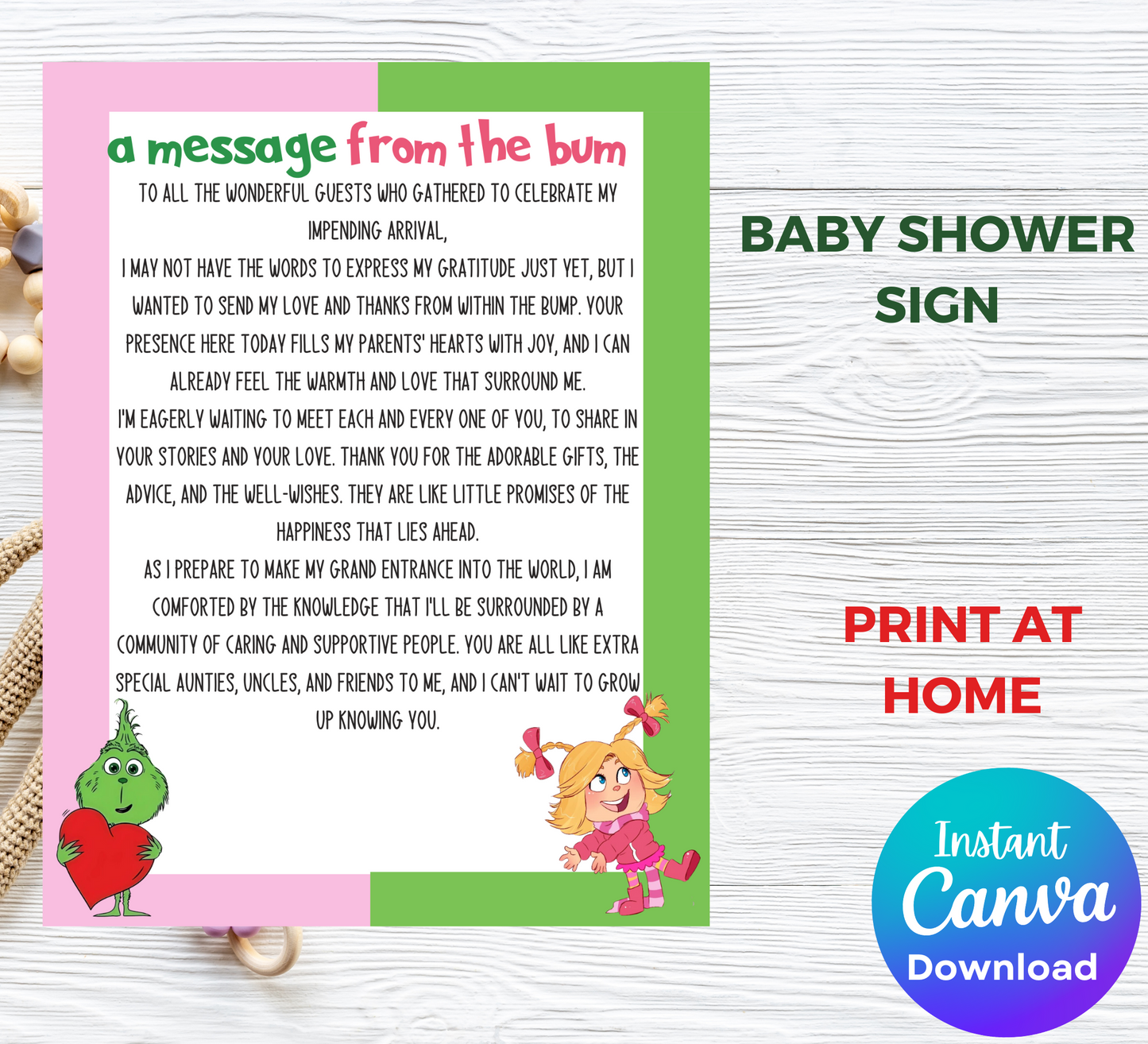 Grinch & Cindy Lou “Message From the Bump” Baby Shower Template | Editable Canva Gender Neutral Baby Sign | Christmas Baby Shower Printable