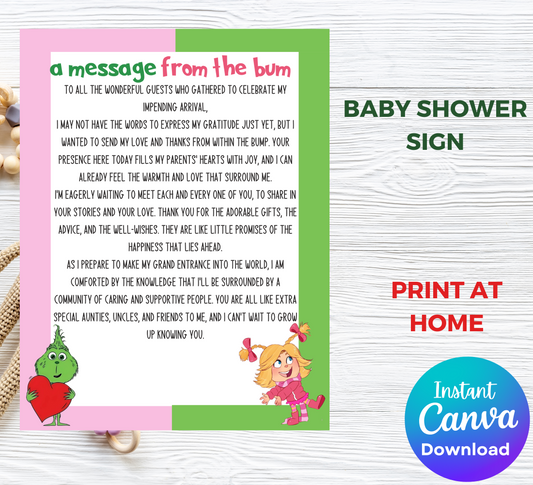 Grinch & Cindy Lou “Message From the Bump” Baby Shower Template | Editable Canva Gender Neutral Baby Sign | Christmas Baby Shower Printable