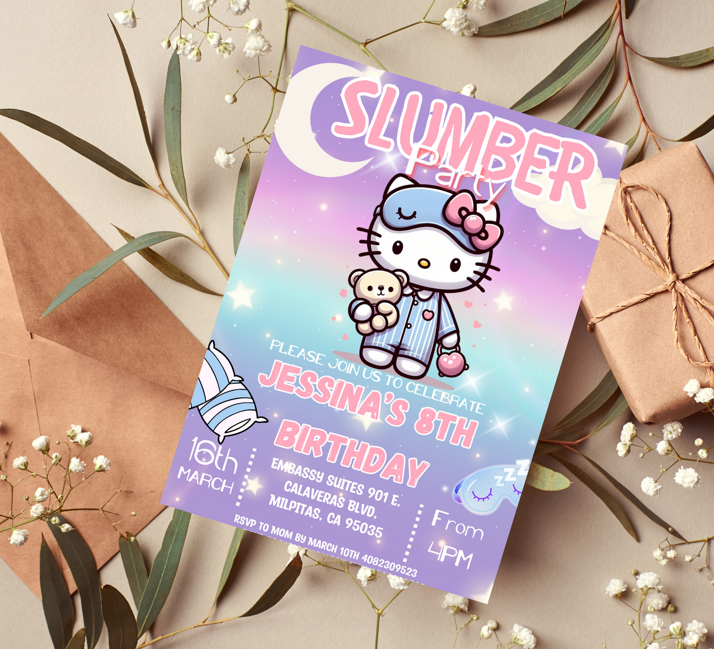 Hello Kitty Sleepover Party Invitation | Editable Girls Slumber Party Invite | Kawaii Nighttime Birthday Invitation | Printable Template