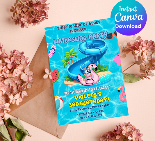 Bluey Waterslide Pool Birthday Invitation 🌊🏄‍♂️ | Bluey Swim Party Invite | Editable Canva Template | Printable Kids Summer Birthday | Bluey & Bingo Splash Pad Party | Boys & Girls Tropical Pool Bash | Wackadoo Summer Invite