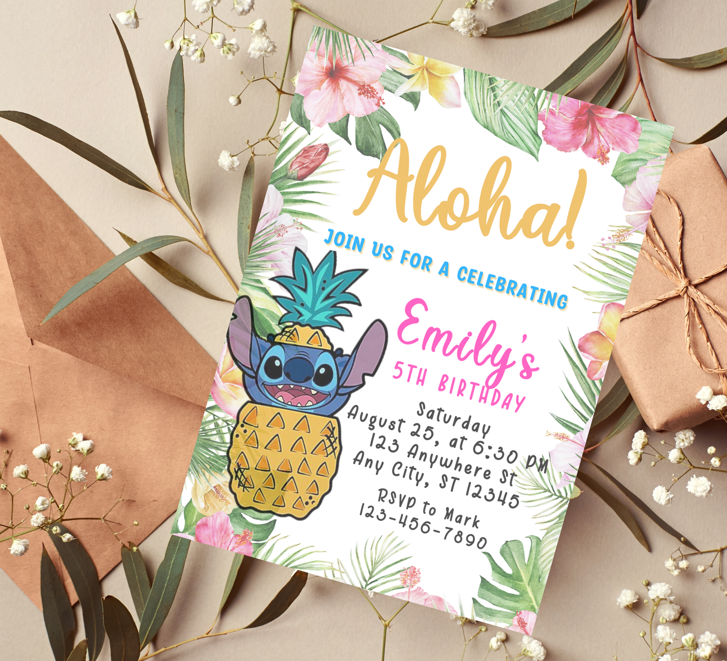 Stitch Aloha Tropical Hawaii Birthday Invitation | Luau Party Invite | Editable Template