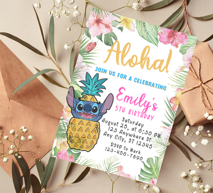 Stitch Aloha Tropical Hawaii Birthday Invitation | Luau Party Invite | Editable Template