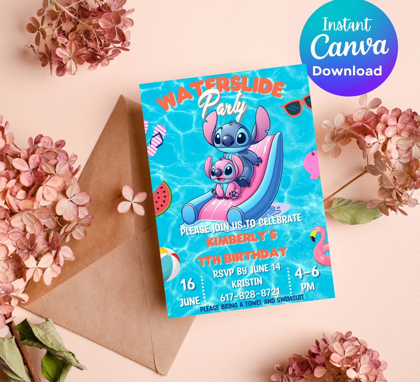 Stitch & Angel Pool Party Birthday Invitation | Editable Canva Template | Kawaii Waterslide Summer Invite | Printable Kids Birthday Invitation