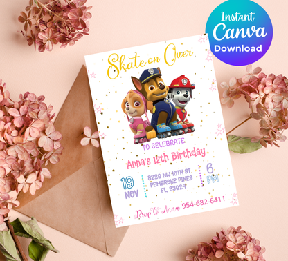 PAW Patrol Roller Skating Birthday Invitation 🛼🐾 | Skye Everest Marshall Party | Editable Canva Template