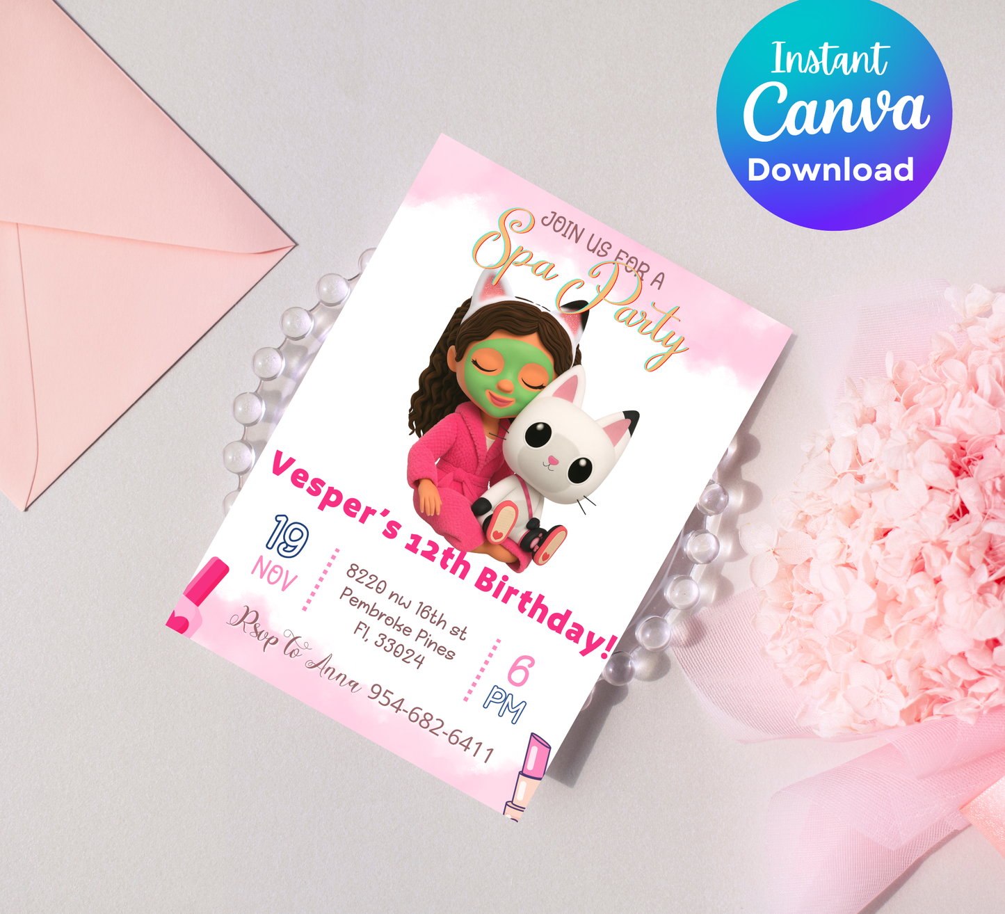 Gabby’s Dollhouse Spa Sleepover Invitation | Slumber Party Invite | Editable Canva Template | A-Meow-Zing Pampering Bash