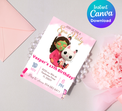 Gabby’s Dollhouse Spa Sleepover Invitation | Slumber Party Invite | Editable Canva Template | A-Meow-Zing Pampering Bash