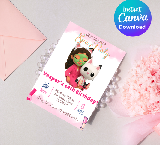 Gabby’s Dollhouse Spa Sleepover Invitation | Slumber Party Invite | Editable Canva Template | A-Meow-Zing Pampering Bash