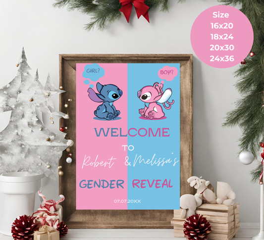 Stitch & Angel Pink and Blue Gender Reveal Welcome Sign | Baby Reveal Decor | Editable Template