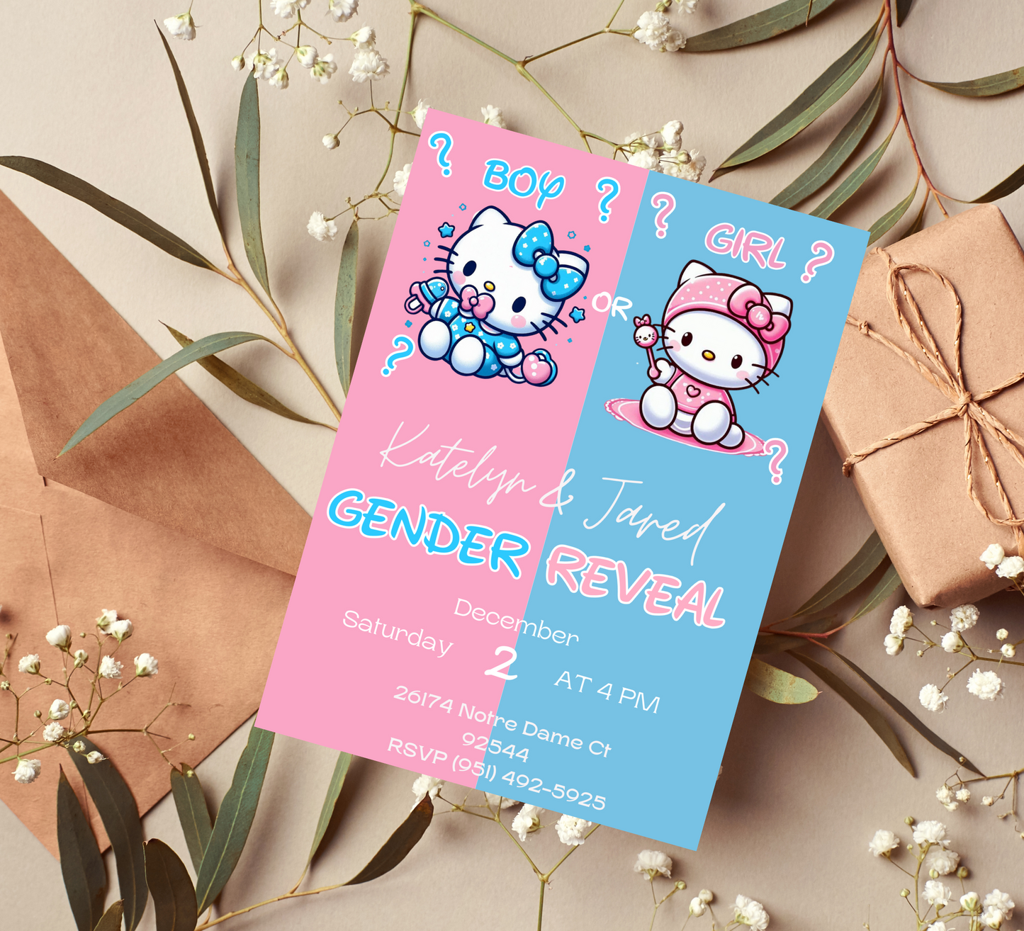 Hello Kitty Gender Reveal Invitation Pink and Blue | Editable Baby Shower Invite | Cute & Customizable Hello Kitty Theme Template