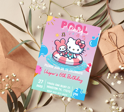 Hello Kitty & My Melody Pool Birthday Invitation | Kawaii Summer Swim Party | Editable Canva Template