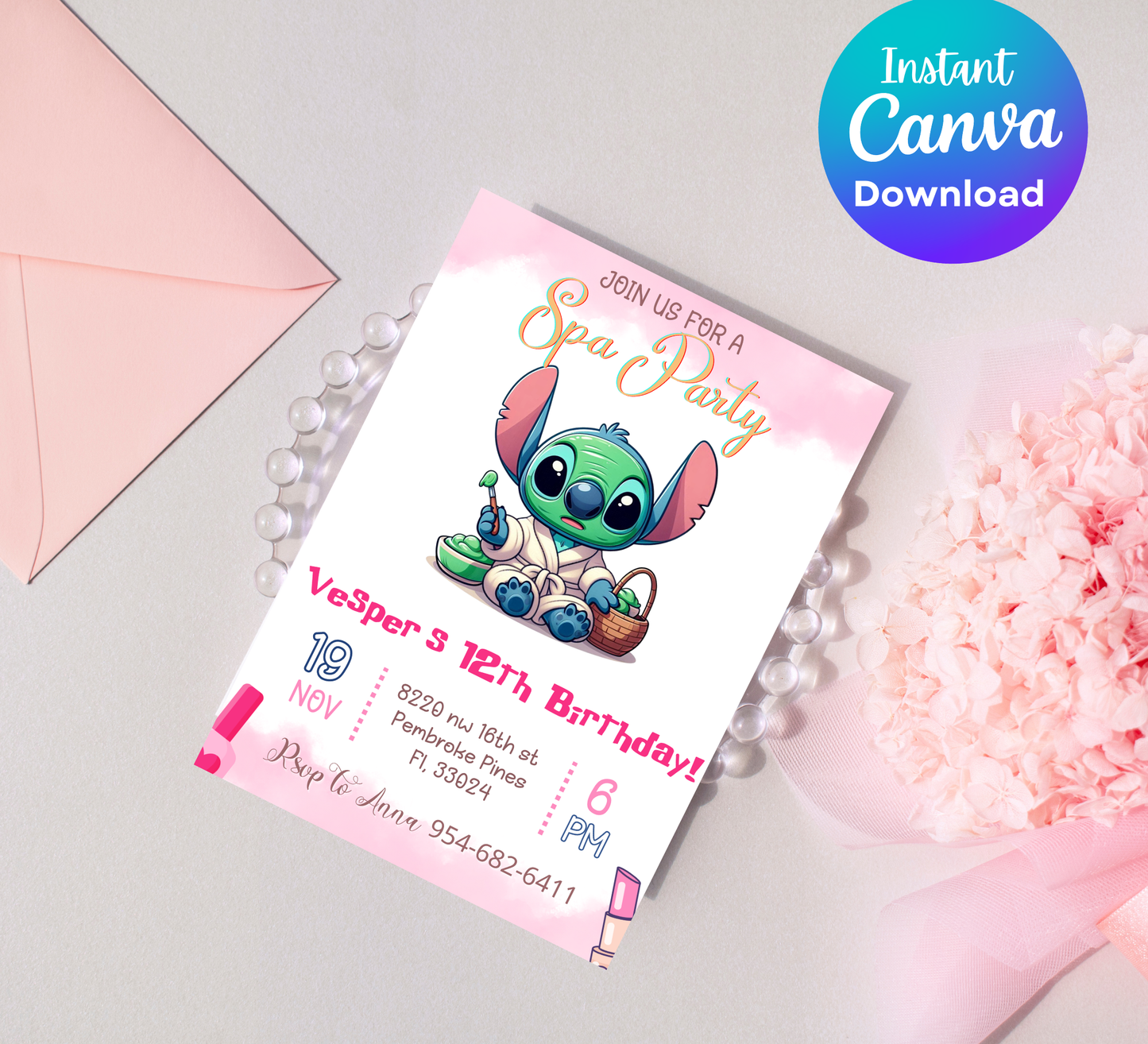 Stitch Sleepover Spa Pajamas Party Birthday Invitation | Kawaii Slumber Party Invite | Editable Canva Template | Cute Printable Kids Birthday