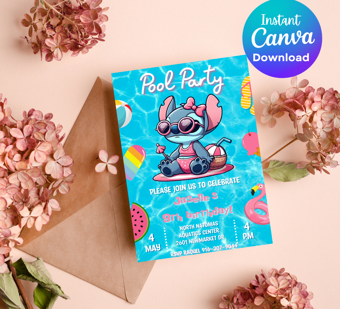 Stitch Pool Birthday Invitation | Tropical Swim Party Invite | Editable Canva Template | Cute Summer Stitch Birthday Invitation