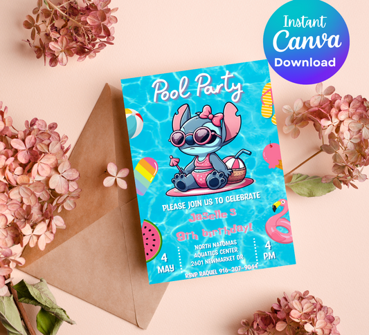 Stitch Pool Birthday Invitation | Tropical Swim Party Invite | Editable Canva Template | Cute Summer Stitch Birthday Invitation