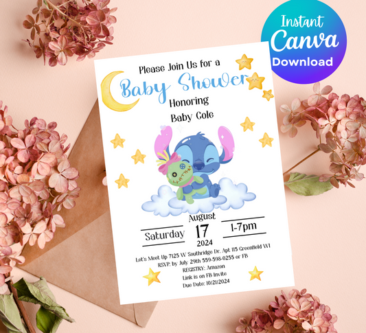 Stitch Baby Shower Invitation | Cute Blue Baby Shower Invite | Editable Canva Template | Printable Baby Shower Card