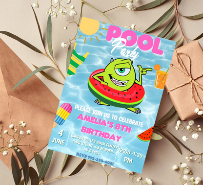 Monsters Inc Mike & Sulley Pool Birthday Invitation 👾💦 | Summer Swim Party | Editable Canva Template