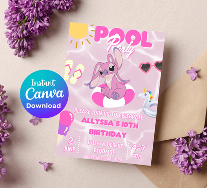 Stitch Angel Pink Pool Birthday Invitation | Cute Summer Party | Editable Digital Invite