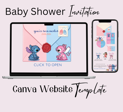 Stitch Gender Reveal Website Template with RSVP | Editable Canva