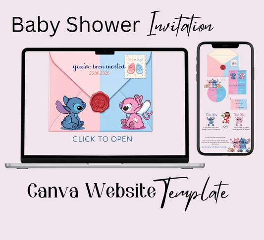 Stitch Gender Reveal Website Template with RSVP | Editable Canva