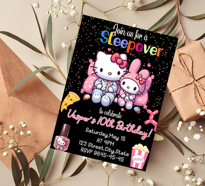 Hello Kitty & My Melody Neon Sleepover Birthday Invitation | Kawaii Slumber Party Invite | Editable Canva Template | Glow Party Birthday Invitation