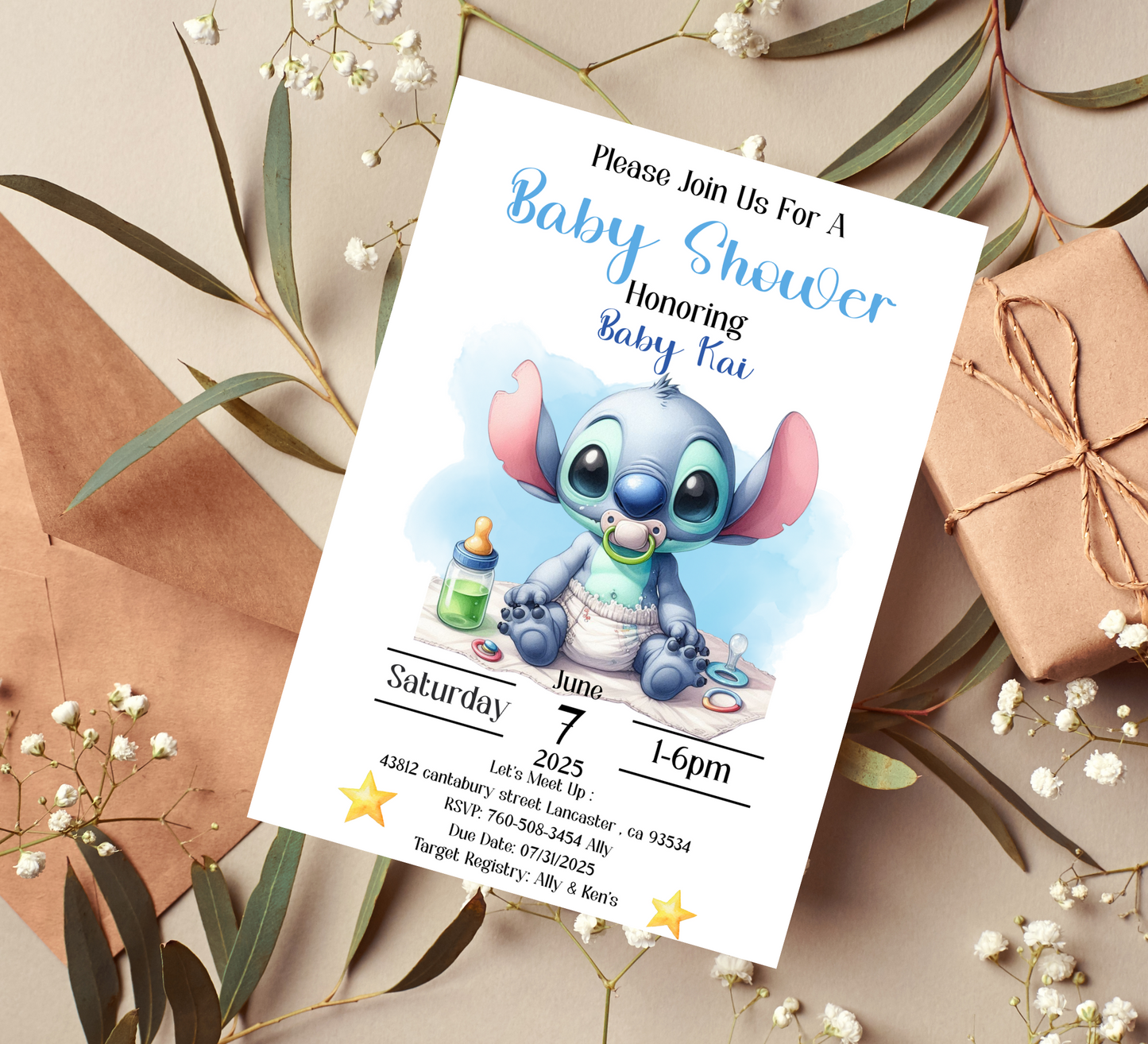 Stitch Watercolor Blue Birthday Invitation | Cute Baby Shower or First Birthday Invite | Editable Canva Template | Printable Blue Stitch Party Invitation
