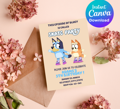 Bluey Roller Skating Birthday Invitation | Skating Rink Party Invite | Editable Canva Template | Fun Bluey Birthday Invitation