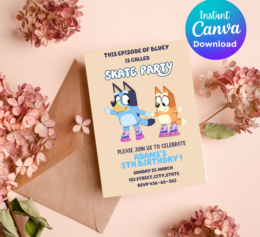 Bluey Roller Skating Birthday Invitation | Skating Rink Party Invite | Editable Canva Template | Fun Bluey Birthday Invitation