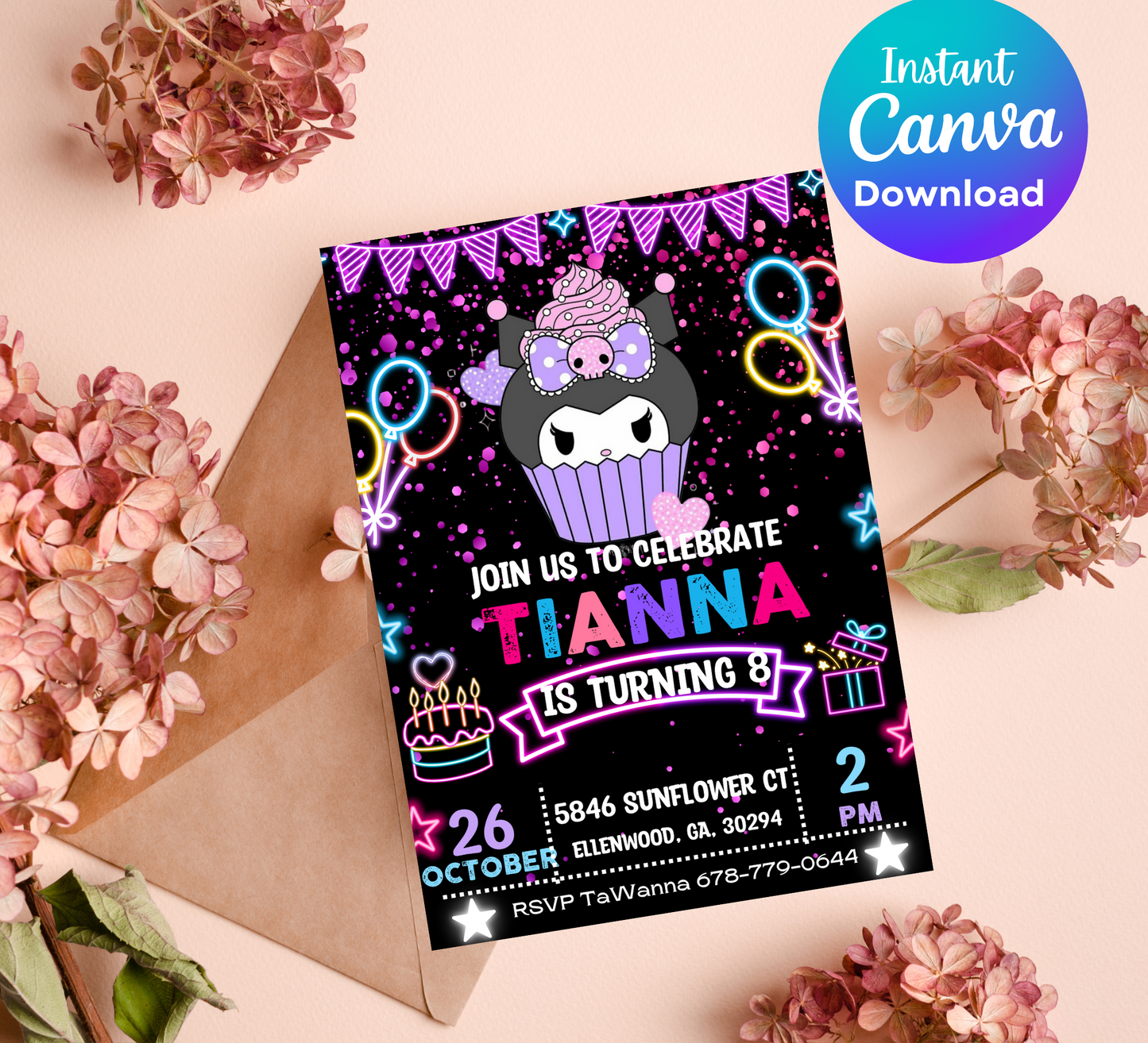 Kuromi Neon Birthday Invitation | Kawaii Glow Party Invite | Editable Canva Template | Cute Sanrio Neon Birthday Invitation