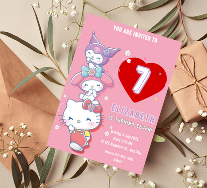 Kawaii Hello Kitty, My Melody & Kuromi Pink Birthday Invitation | Editable Canva Template | Cute Printable Girls Party Invite