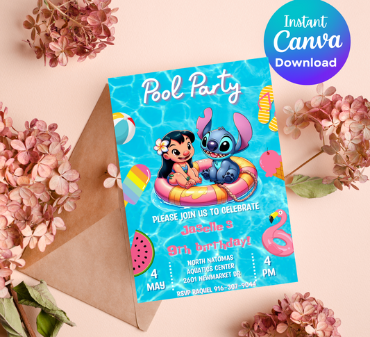 Lilo & Stitch Pool Birthday Invitation | Tropical Swim Party | Editable Canva Template | Hawaiian Beach Birthday Invite | Printable