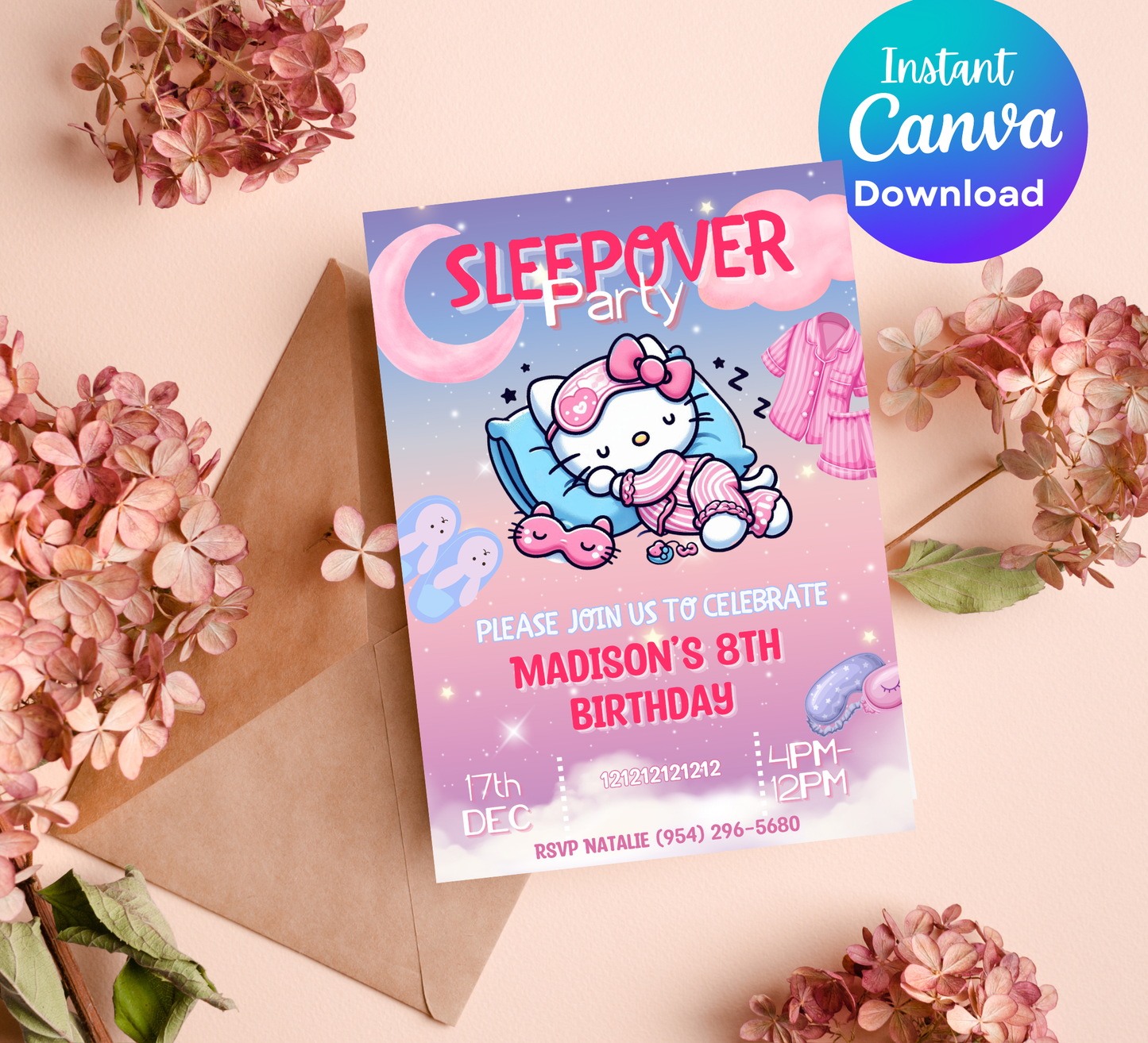Hello Kitty Sleepover Gradient Slumber Birthday Invitation | Kawaii Girls Party | Editable Canva Template