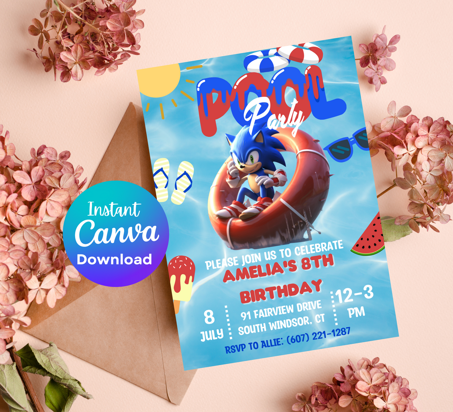 Sonic Pool Birthday Invitation | Summer Splash Party Invite | Editable Canva Template | Sonic Swim Birthday Invitation